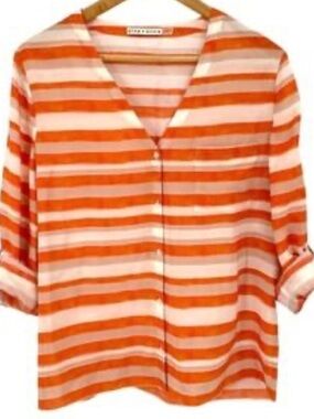 Alice + Olivia Silk Orange and Cream Striped V-Neck Button-Front Blouse
